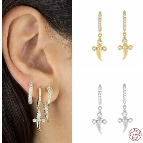 Aide 925 Sterling Silver Cute Crystal Dagger Pendant Drop Earrings for Women Small Hoop With Sword Dangle Earrings Jewelry Gift