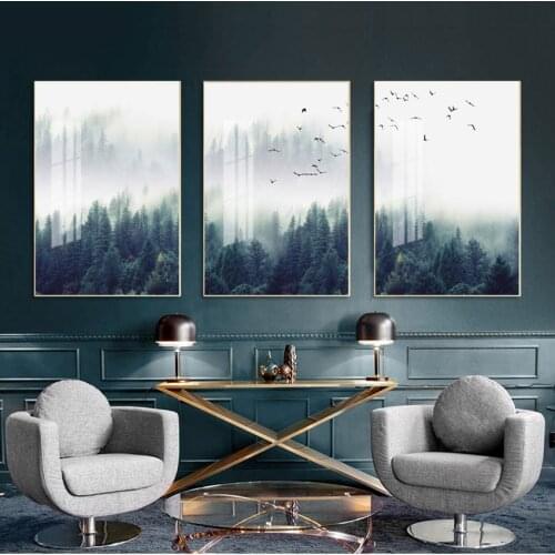 Living Room Home Office Decor Cuadros Nordic Fog Forest Birds Landscape Canvas Painting Poster Print Wall Art Picture