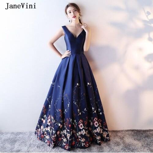 JaneVini Navy Blue Women Long Prom Dresses 2020 Elegant V Neck Floral Print Satin A Line Plus Size Formal Prom Dress Robe Longue