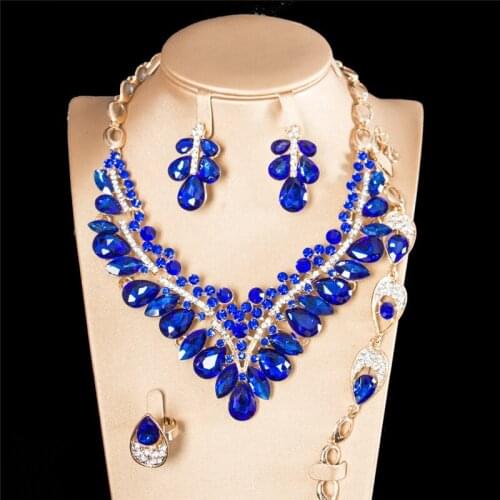 Vintage Women Crystal Glass Necklace Earrings Bracelet Ring Bridal Jewelry Sets Choker Wedding Party Costume Gifts Accessories