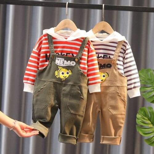 Baby Girls Boys Clothing Sets New Spring Autumn Children Hooded Striped T-Shirt + Cartoon Fish Overalls Toddler Casual Outfits