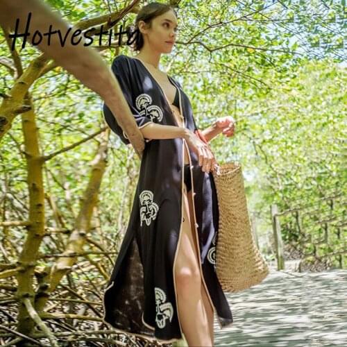 SOGA DRESS Kaftan Dress Beach Black Cotton Half Sleeve Button Up Summer Embroidered Tunic Women Sarong Loose Holiday Outer Cover