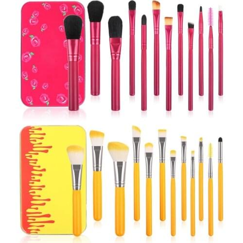 Brand 12 Pcs Wooden Handle Nylon Makeup Brush Set 2 Color Aluminum Box Profession Cosmetic Make up Beauty Tool Kit