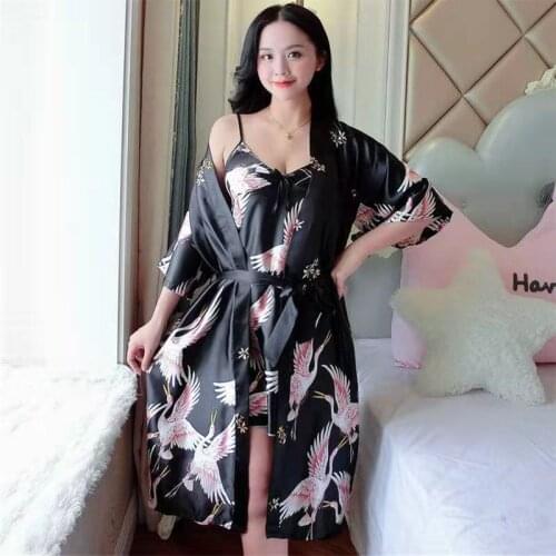 2021 New Summer Womens Pajamas Cool Ice Slik Nightgown+Nightdress Suit 2 PCS Robe Womens Mid Length Sleepwear Female Bathrobe