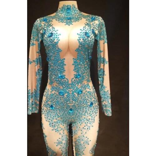 Women New Sexy Big Diamonds Jumpsuit Full Of Blue Sparkling Rhinestone Bodysuit Nightclub Party Dancer Singer Bling Stage Wear