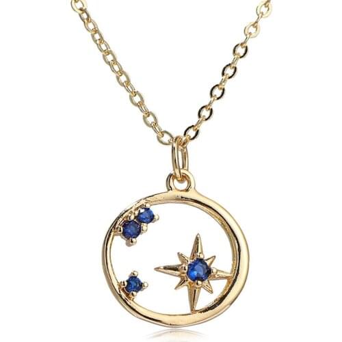 Lovely Fashion Micro Zircon Inlaid Pink/Blue Stars Accompanied By Moon Necklace Copper Frame Chain Jewelry For Women 15*17mm