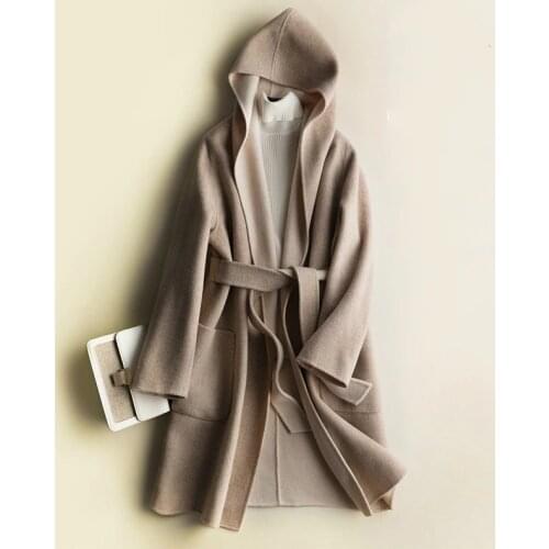 Wool Long Coat Women 2020 Korean Style Autumn Winter Female Jacket Womens Alpaca Cashmere Coats Hooded Outerwear 890765 's s