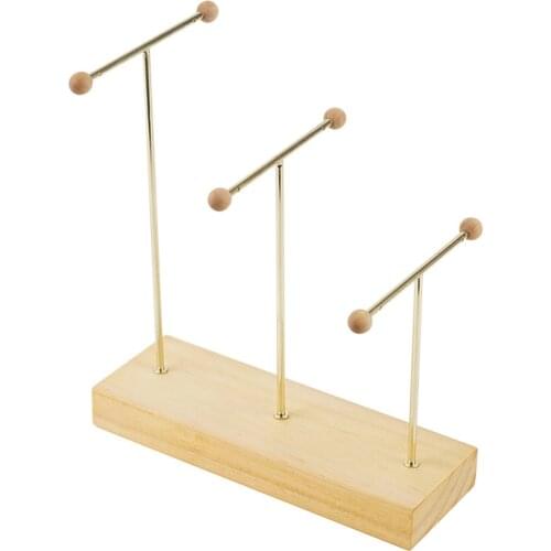 3 Golden Metal T-shaped Bracelet Ring Earring Organizer Jewelry Holder Stand Necklace Display Rack with Wood Base