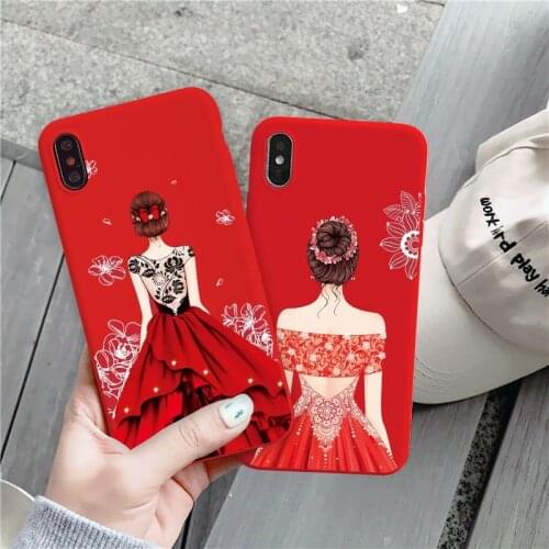 For iphone X XS MAX 12 7 7plus 8 8Plus 11 Pro 11Pro Max SE 2020 XR Red Beautiful Wedding Dress Girl rubber soft Phone Case