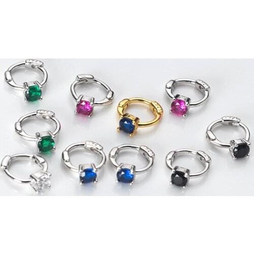Real 925 Sterling Silver Colorful Single Zircon Small Hoop Earring Pierced Cartilage Earrings Fine Jewelry for Women Girls