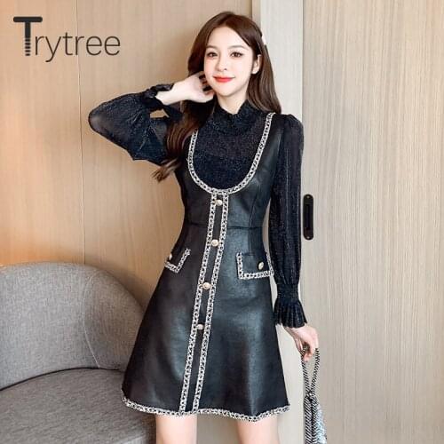Trytree 2020 Spring Autumn Women Dress Casual Shirt Dress Shiny Butterfly Sleeve Patchwork Fake Deerskin Solid Office Lady Dress