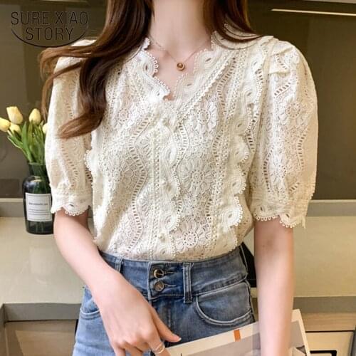 Korean Chic Crochet Lace Chiffon Blouse Women 2021 Summer Vintage Short Puff Sleeve Womens Shirt V-neck Solid Ladies Tops 13956
