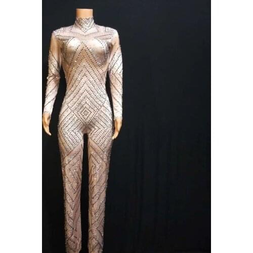 High Quality Silver Color Womens Long Sleeve Sexy odycon Full Length Jumpsuits Rivet Sexy Club Night Wear