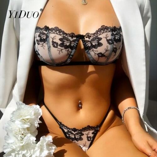YiDuo Women Black Floral Embroidery Sexy Mesh Lingerie Underwear 2 Piece Set Lace Underwire Brief Sets Lenceria Sensual Mujer