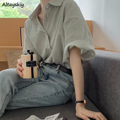 Shirts Women Striped Leisure Summer New Fashion Turn-down Collar Elegant All-match Soft Simple Vintage Female Korean Style Baggy