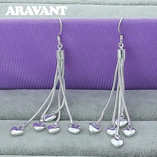 925 Silver Heart Long Chains Hanging Earrings For Women Wedding Jewelry Valentines Day Gift