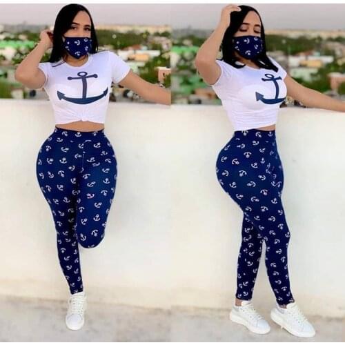 New T Shirt Pants Mask Women Three Piece Set 2021 Summer Short Sleeve O neck Tops And Print Trousers Leggings Casual Set