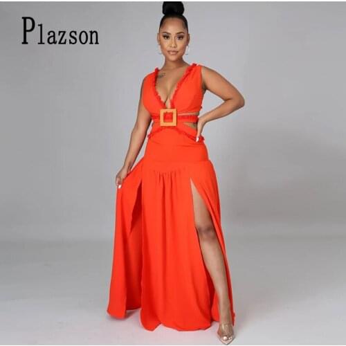 Plazson Long Dresses Sexy Deep V Neck High Split Hollow Out Dress Women Summer Sleeveless Party Club платье летнее