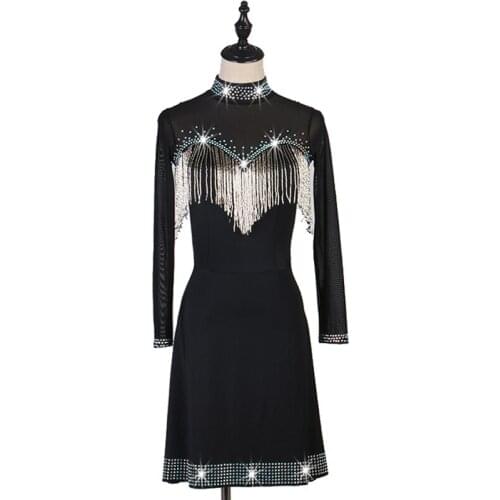 New Latin Dance Competition Dress Female/Girls Long Sleeve Shiny Diamond Fringe Costume Rumba Tango Clothes Costume Made DQL3061
