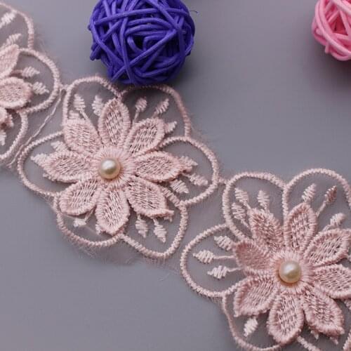 1Y (17pcs) Pink Flower Handmade Pearl Beaded Embroidered Lace Ribbon Edge Trim Double Layered Applique Dress DIY Sewing Craft