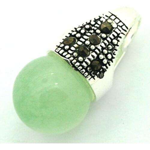 12MM Round Natural Light Green jade Beads Marcasite 925 Sterling Silver Pendant