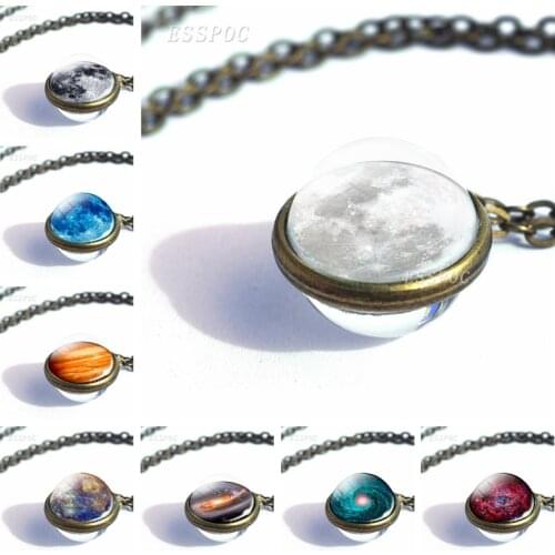 2019 New Fashion Full Moon Glass Necklace Handmade Double Side Glass Ball Pendant Outer Space Jewelry Valentines Gift for Women