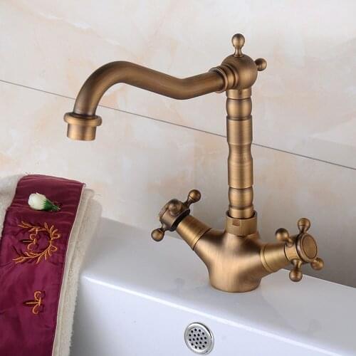 Antique Brass Deck Mount Bathroom Kitchen Faucet Dual Handle 360 Rotate Basin Sink Mixer Taps Black Hot and Cold Water Mixers