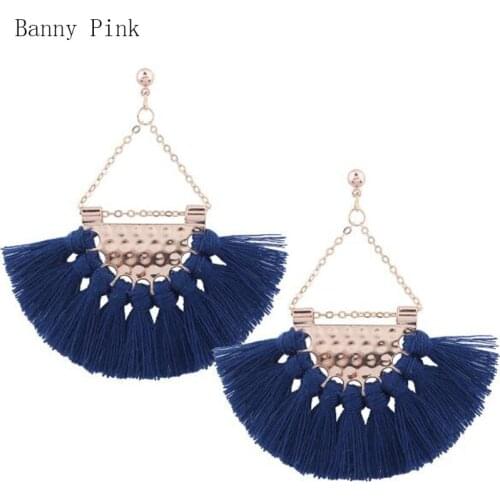 Bohemia Cotton Tassel Pendant Studs Earrings For Women Chunky Geo Pendant Post Earring Ethnic Studs Earrings Fashion Jewelry