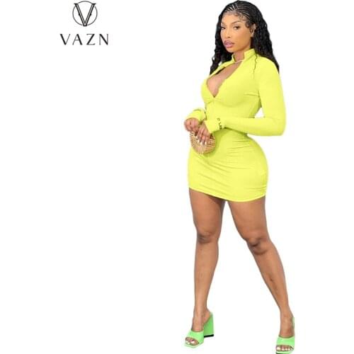 VAZN 2021 INS Early Autumn Style Energy Fresh Clear Solid Regular Daily Full Sleeve Young Elegant Women Thin Mini Dress
