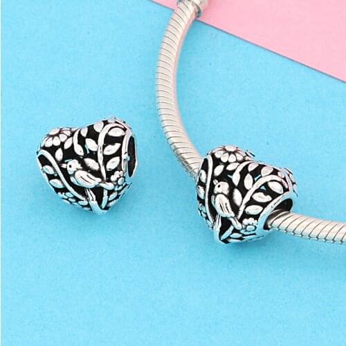European & American Trendy Silver Color Heart Charms fit Bracelet Necklace Big Hole Bird Tree Plant Bead for DIY Jewelry Making