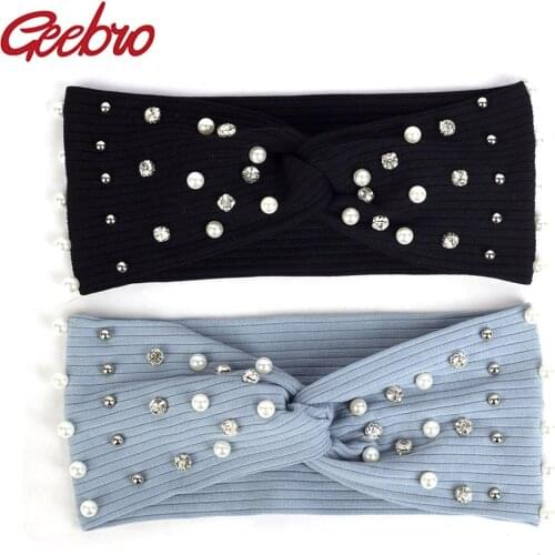 Geebro Woman Solid Diamonds Pearls Ribbed Headbands For Ladies Soft Stretch Bow Knotted Cotton Head Wrap Hair bands Accessories