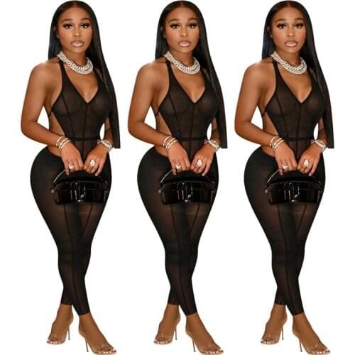 Sheer Mesh See Through 2pcs Set Sexy Deep V Halter Neck Backless Crop Top And Long Skinny Trousers Summer Fashion Clubwear