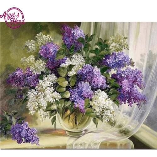 Mosaic pattern beaded embroidery purple and white lilac flower vase full 5d drill diamond painting decoration rhinestone picture