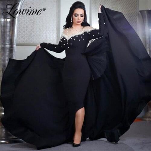 Muslim Black Evening Dress Saudi Arabia Pearls Beaded Prom Dresses 2020 Robe De Soiree Dresses Women Party Night Gown Vestidos