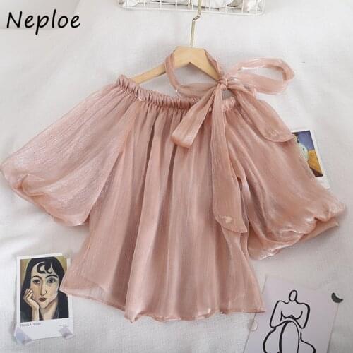 Neploe Sexy Slash Neck Shoulder Strapless Bow Blouse Women Pullover Short Sleeve Solid Blusas Summer 2021 New Shirt Feminino