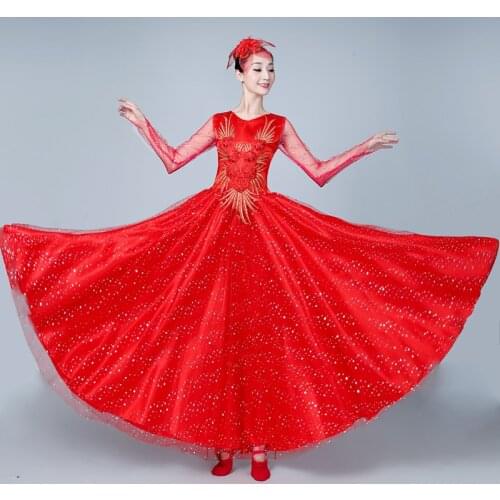 Opening Dance Full-skirt Modern Adult Women Red Dance Dress Wear Spain Large Swing Dress Chorus Dance Stage Costume Suit H608