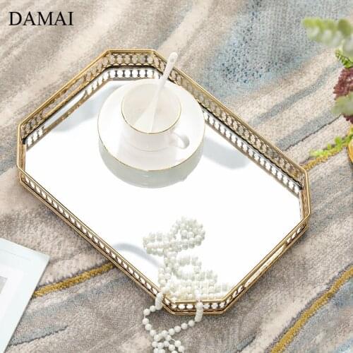 Golden Glass Mirror Trays Decorative Alloy Hollowation Skincare Storage Jewelry Display Tray Dressing Table Decoration