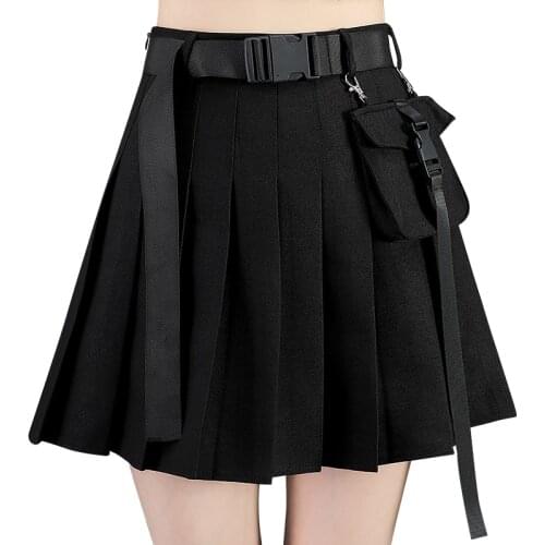Womens Streetwear Tooling Half-length Pleated Skirt Fashion High Waist Harajuku Women Skirts Safari Black Short Skirt