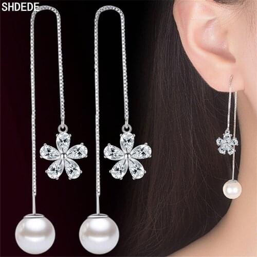 SHDEDE 925 Silver Long Drop Dangle Earrings Women Wedding Earing Fashion Sparkling CZ Crystal Jewelry -WH60