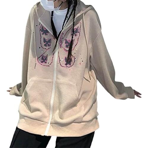Womens Zip Up Long Sleeve Sweatshirts Korean Butterfly Print Pullover Top Brief Oversized Draw String Blouse Fleece Sudaderas