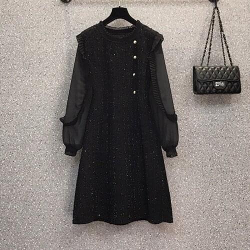 2021 autumn winter elegant vintage chiffon long dresses 2021 sexy chiffon Sleeve Patchwork button female black dress vestidos