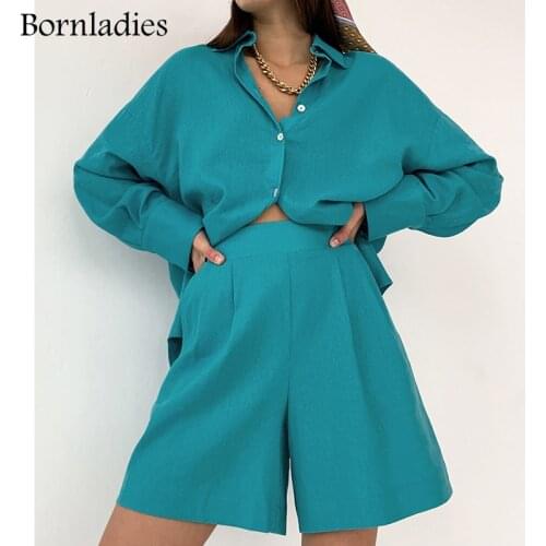 Bornladies Office Lady High Waist Shorts 2 Piece Set Women Suit Home Wear Fall Winter Casual Top and Pants Sets 100% Cotton Set