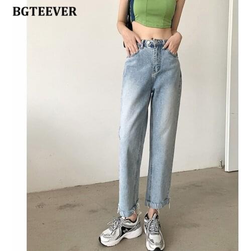BGTEEVER Summer Autumn Loose Women Harem Denim Pants Streetwear High Waist Single Tassels Female Blue Jeans Trousers 2021