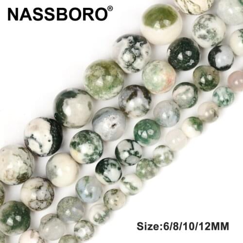 NASSBORO 6-12mm Natural Stone Beads Round Green Moss Tree Agates Beads For Jewelry Making 15'' DIY Spacer Beads Jewelery Gifts