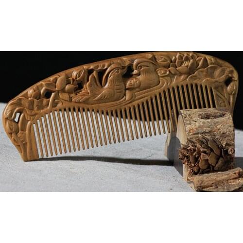 1PC China Style Pocket Wooden Comb Natural Green Sandalwood Mandarin Duck Carved Wood Combs Healthy Massage For Head