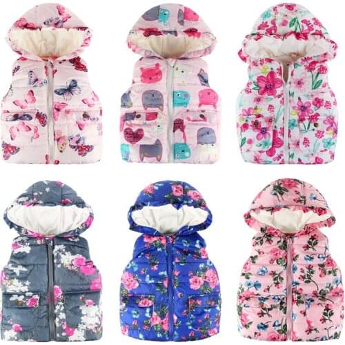 2 3 4 5 6 Year Kids Vest Baby Gril Coat Floral Print Hooded Boys Vest Children Clothing Sleeveless Jacket Winter Clothes Tops