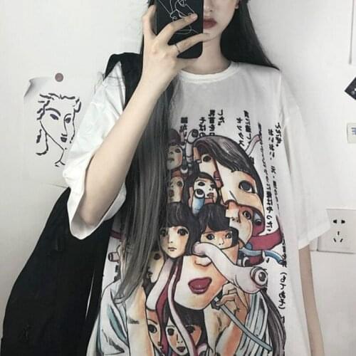 Horror Manga Print T Shirt for Women Girl Harajuku Tshirt Korean Clothes Graphic Gothic Clothing Regular Summer Japan Style