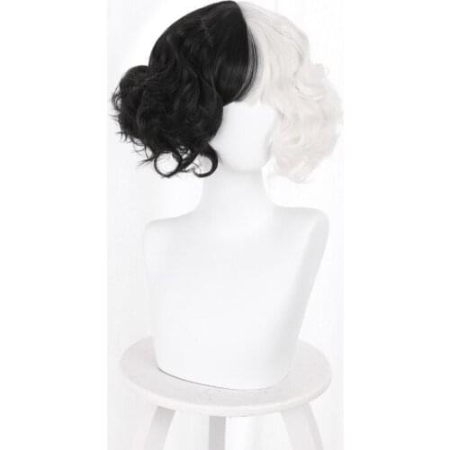 Cruella De Vil Kuila Half Black Half A Hundred Small Short Curly Cos Wig Caps for Making Wigs Danganronpa