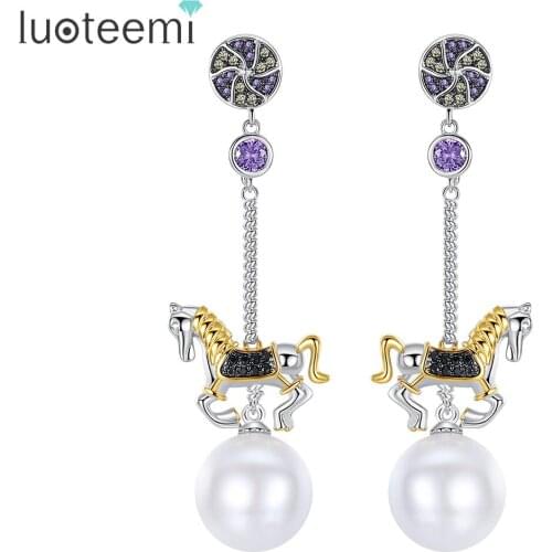 LUOTEEMI Carousel Gold Cute Horse Drop Animal Cubic Zircon Diamante White Imitation Pearl Earrings For Women Brincos Party