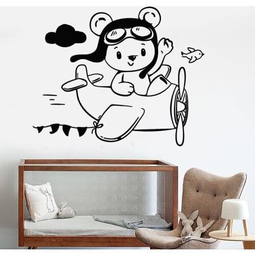 Teddy Bear Aviator Plane Wall Stickers Vinyl Wall Decal Decor Little Childrens Room Wall Sticker Removable Wallpaper SA227